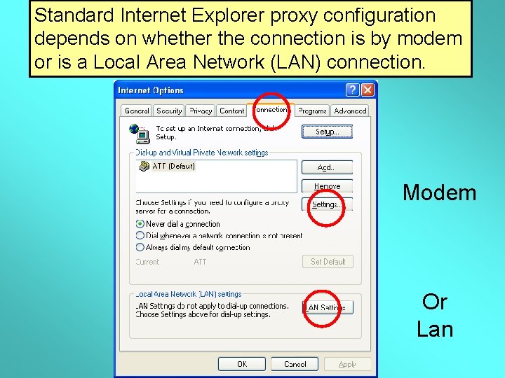 Standard Internet Explorer proxy configuration depends on whether the connection is by modem Proxy