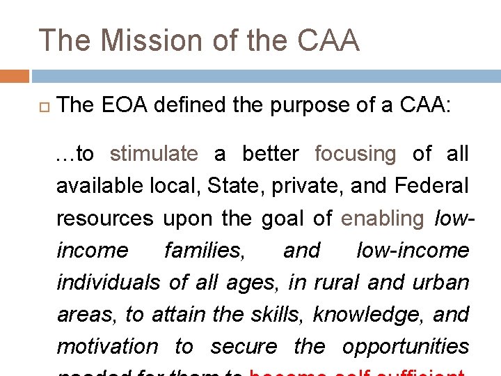 The Mission of the CAA The EOA defined the purpose of a CAA: …to