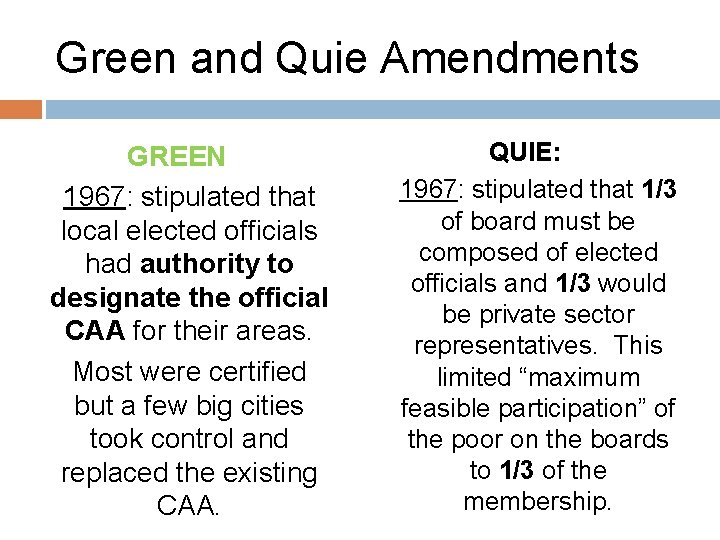Green and Quie Amendments GREEN 1967: stipulated that local elected officials had authority to