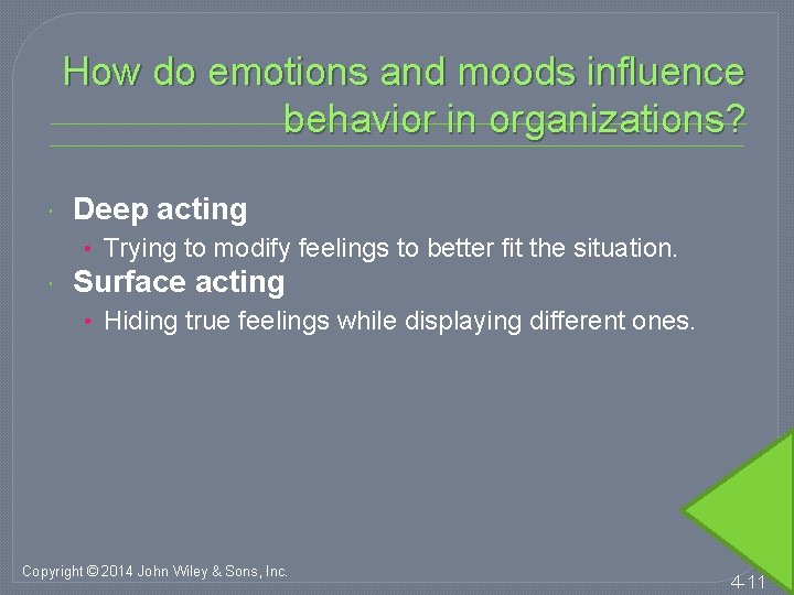 How do emotions and moods influence behavior in organizations? Deep acting • Trying to