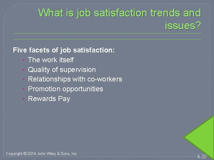 What is job satisfaction trends and issues? Five facets of job satisfaction: • The