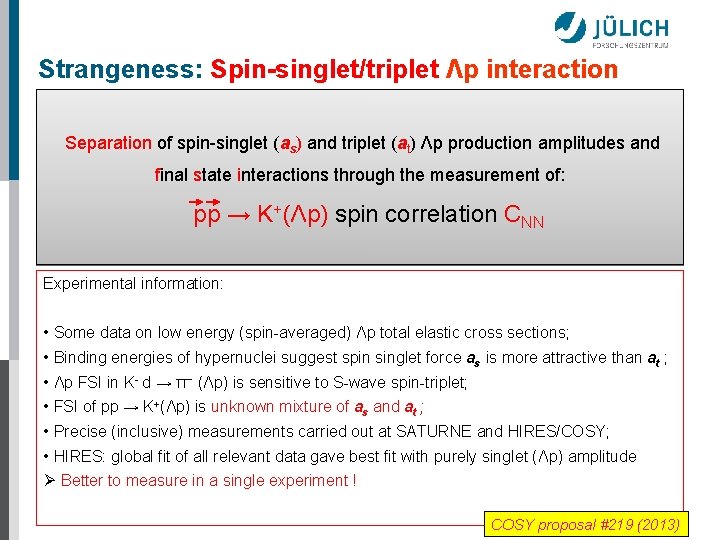 Strangeness: Spin-singlet/triplet Λp interaction Separation of spin-singlet (as) and triplet (at) Λp production amplitudes