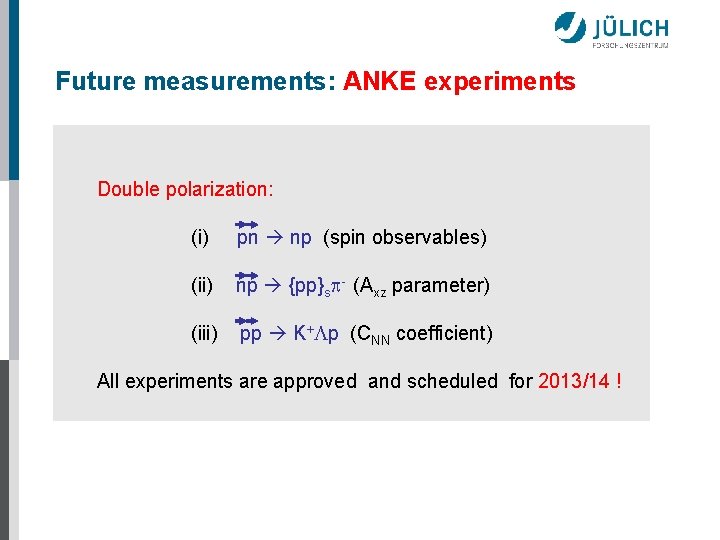 Future measurements: ANKE experiments Double polarization: (i) pn np (spin observables) (ii) np {pp}s