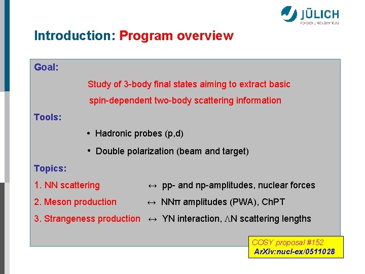 Introduction: Program overview Goal: Study of 3 -body final states aiming to extract basic