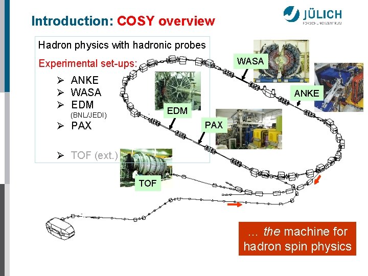 Introduction: COSY overview Hadron physics with hadronic probes WASA Experimental set-ups: Ø ANKE Ø