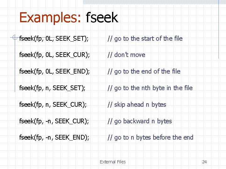 Examples: fseek(fp, 0 L, SEEK_SET); // go to the start of the file fseek(fp,