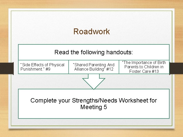 Roadwork Read the following handouts: “Side Effects of Physical Punishment. ” #9 “Shared Parenting
