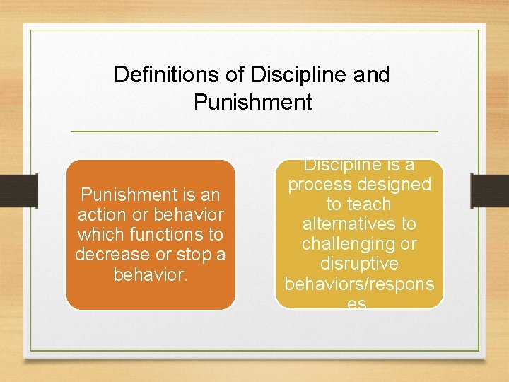 Definitions of Discipline and Punishment is an action or behavior which functions to decrease