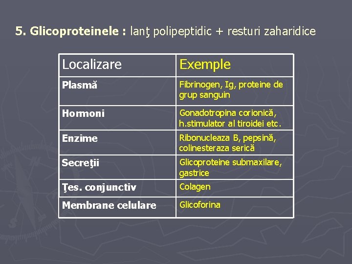 5. Glicoproteinele : lanţ polipeptidic + resturi zaharidice Localizare Exemple Plasmă Fibrinogen, Ig, proteine