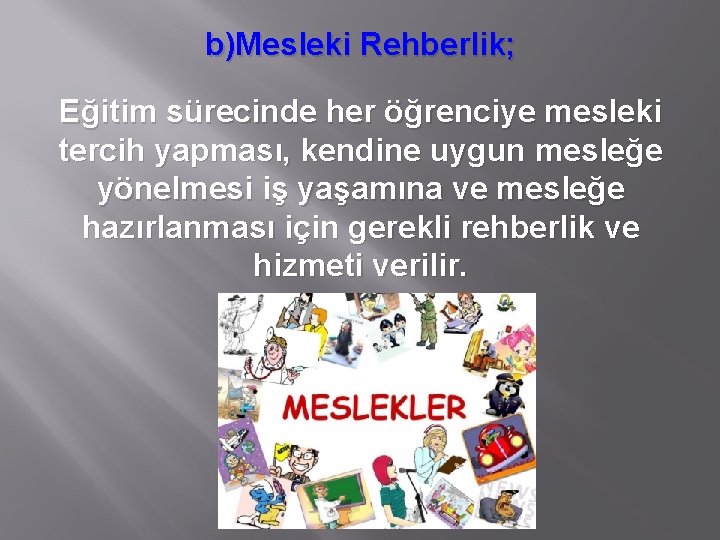 b)Mesleki Rehberlik; Eğitim sürecinde her öğrenciye mesleki tercih yapması, kendine uygun mesleğe yönelmesi iş