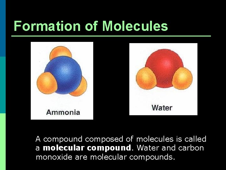Formation of Molecules A compound composed of molecules is called a molecular compound. Water