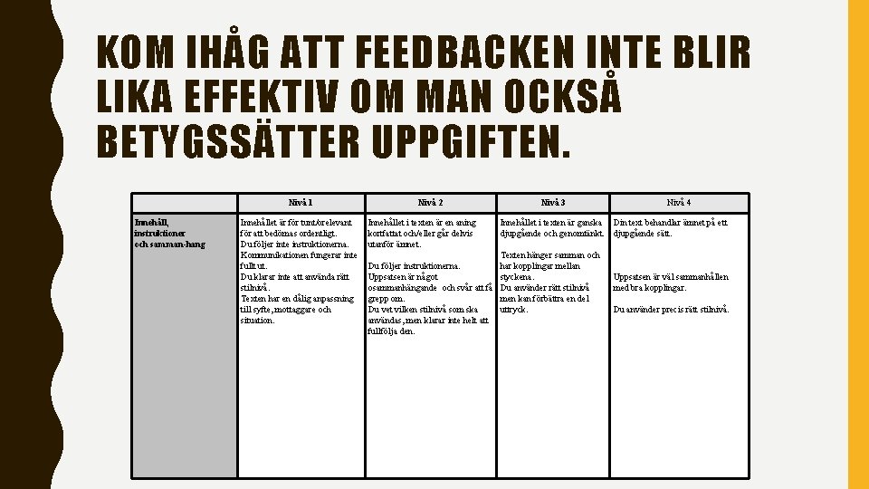 KOM IHÅG ATT FEEDBACKEN INTE BLIR LIKA EFFEKTIV OM MAN OCKSÅ BETYGSSÄTTER UPPGIFTEN. Nivå