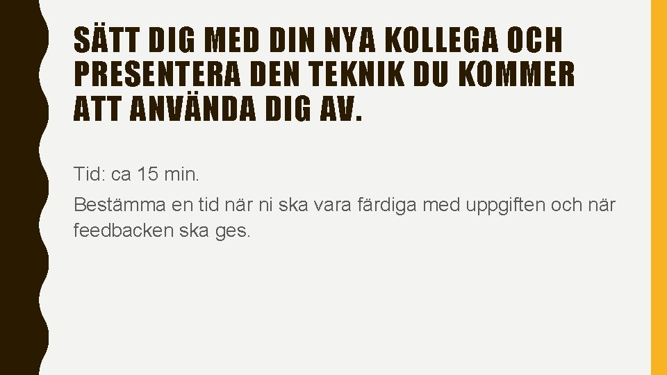 SÄTT DIG MED DIN NYA KOLLEGA OCH PRESENTERA DEN TEKNIK DU KOMMER ATT ANVÄNDA