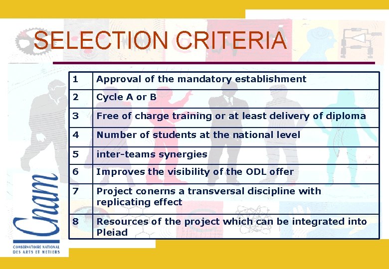 SELECTION CRITERIA 1 Approval of the mandatory establishment 2 Cycle A or B 3