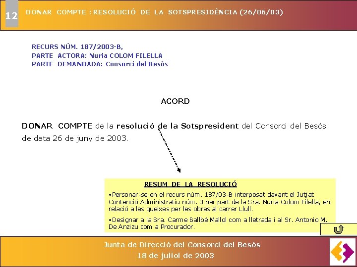 12 DONAR COMPTE : RESOLUCIÓ DE LA SOTSPRESIDÈNCIA (26/06/03) RECURS NÚM. 187/2003 -B, PARTE