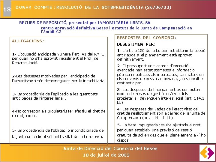 13 DONAR COMPTE : RESOLUCIÓ DE LA SOTSPRESIDÈNCIA (26/06/03) RECURS DE REPOSICIÓ, presentat per