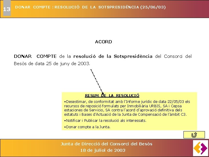13 DONAR COMPTE : RESOLUCIÓ DE LA SOTSPRESIDÈNCIA (25/06/03) ACORD DONAR COMPTE de la