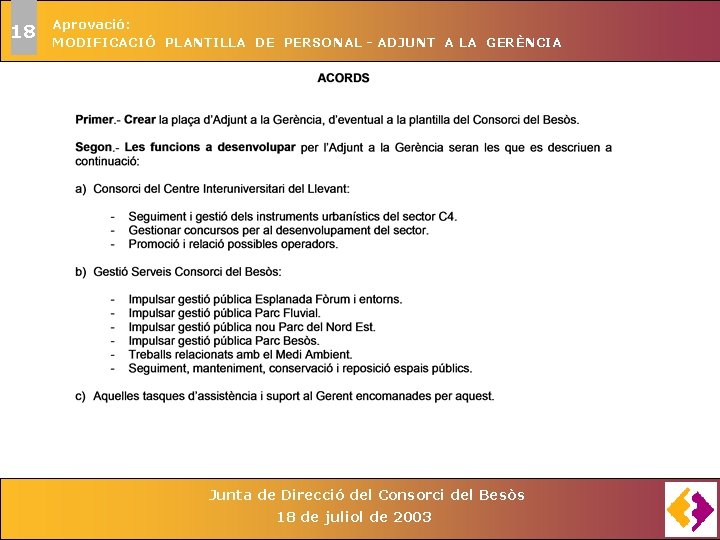18 Aprovació: MODIFICACIÓ PLANTILLA DE PERSONAL - ADJUNT A LA GERÈNCIA Junta de Direcció 18 Aprovació: MODIFICACIÓ PLANTILLA DE PERSONAL - ADJUNT A LA GERÈNCIA Junta de Direcció
