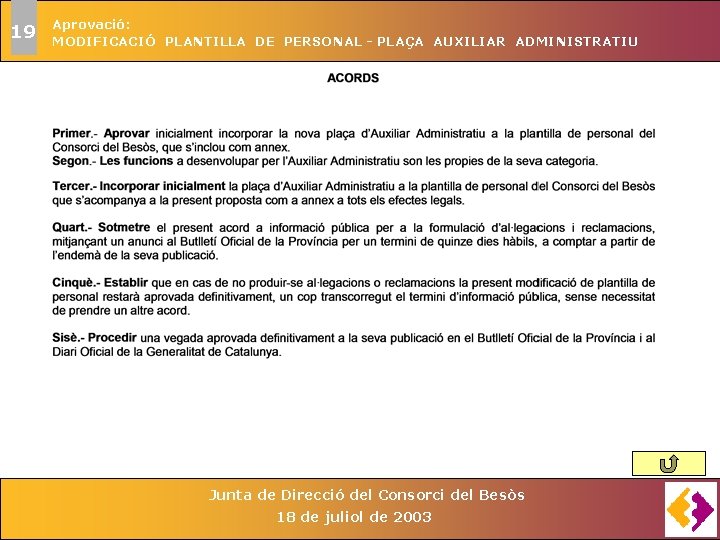 19 Aprovació: MODIFICACIÓ PLANTILLA DE PERSONAL - PLAÇA AUXILIAR ADMINISTRATIU Junta de Direcció del