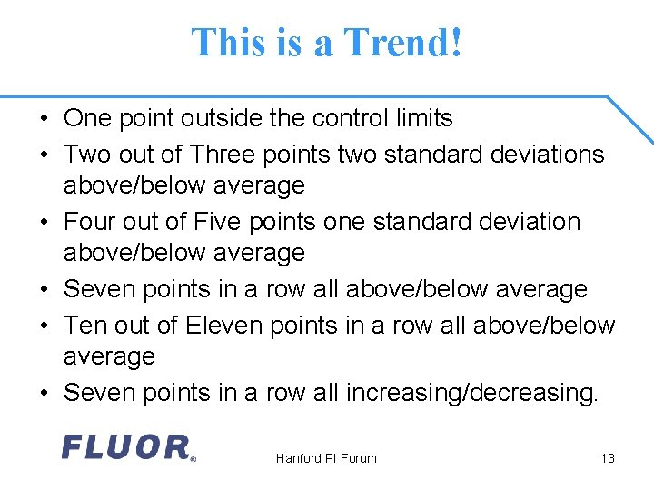 This is a Trend! • One point outside the control limits • Two out