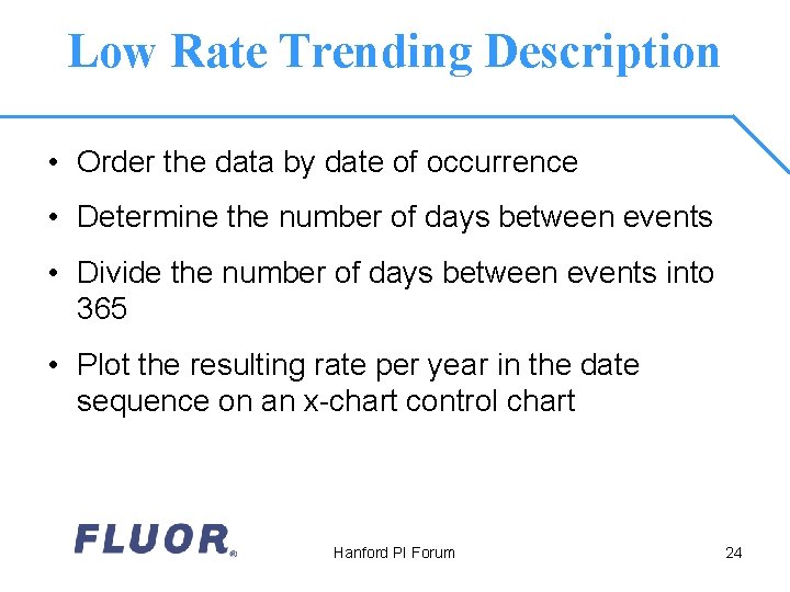Low Rate Trending Description • Order the data by date of occurrence • Determine