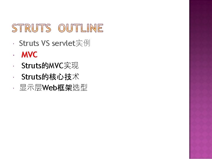  Struts VS servlet实例 MVC Struts的MVC实现 Struts的核心技术 显示层Web框架选型 