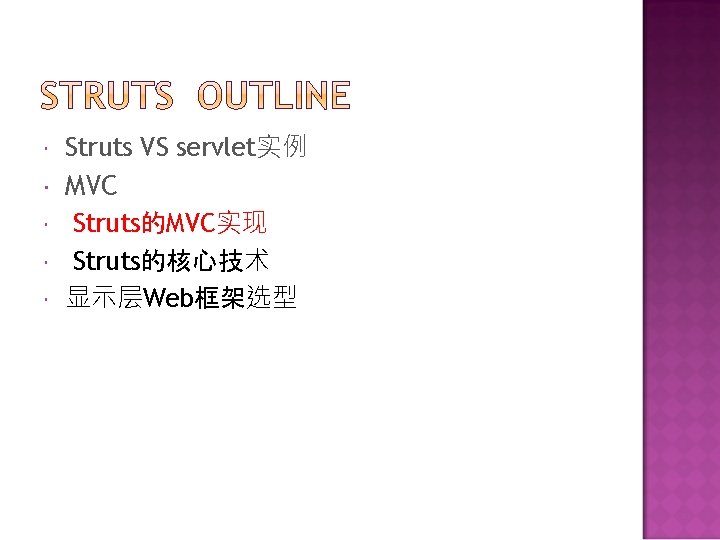  Struts VS servlet实例 MVC Struts的MVC实现 Struts的核心技术 显示层Web框架选型 