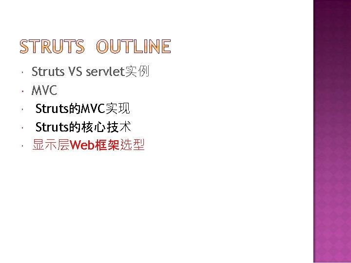  Struts VS servlet实例 MVC Struts的MVC实现 Struts的核心技术 显示层Web框架选型 