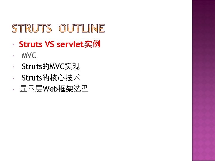  Struts VS servlet实例 MVC Struts的MVC实现 Struts的核心技术 显示层Web框架选型 