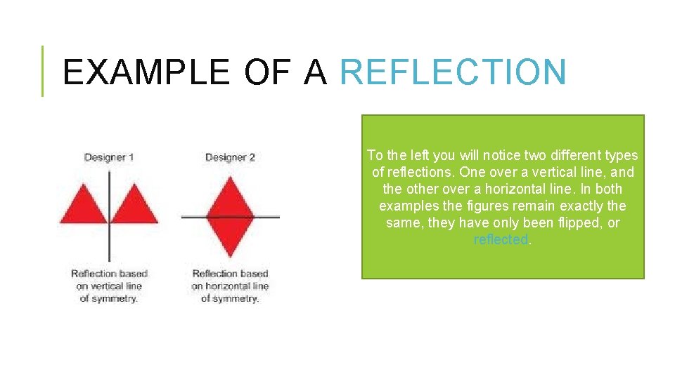 EXAMPLE OF A REFLECTION To the left you will notice two different types of