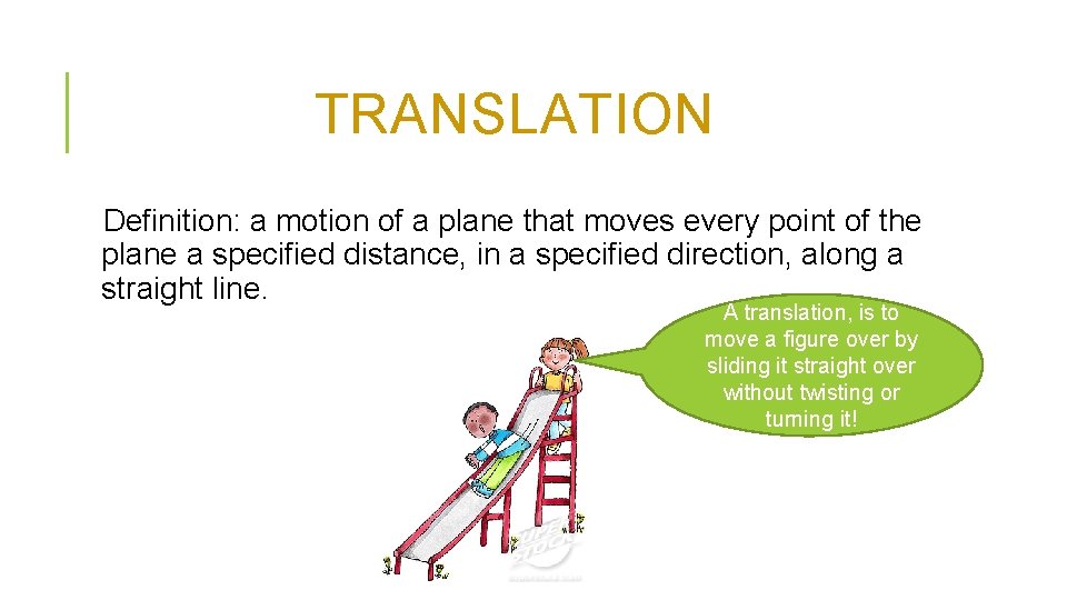TRANSLATION Definition: a motion of a plane that moves every point of the plane