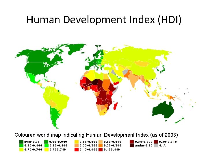 Human Development Index (HDI) Coloured world map indicating Human Development Index (as of 2003)