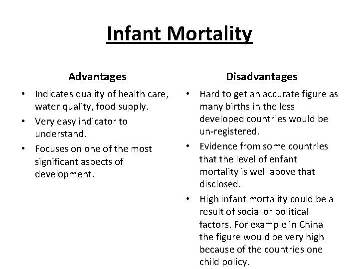 Infant Mortality Advantages Disadvantages • Indicates quality of health care, water quality, food supply.