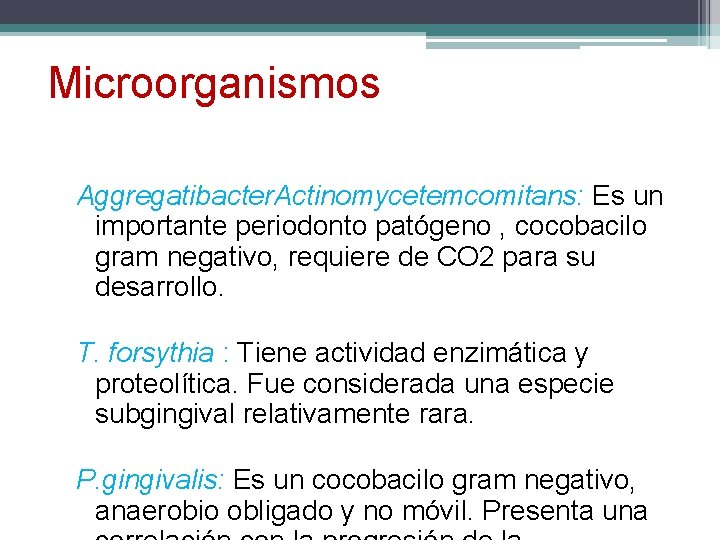 Microorganismos Aggregatibacter. Actinomycetemcomitans: Es un importante periodonto patógeno , cocobacilo gram negativo, requiere de