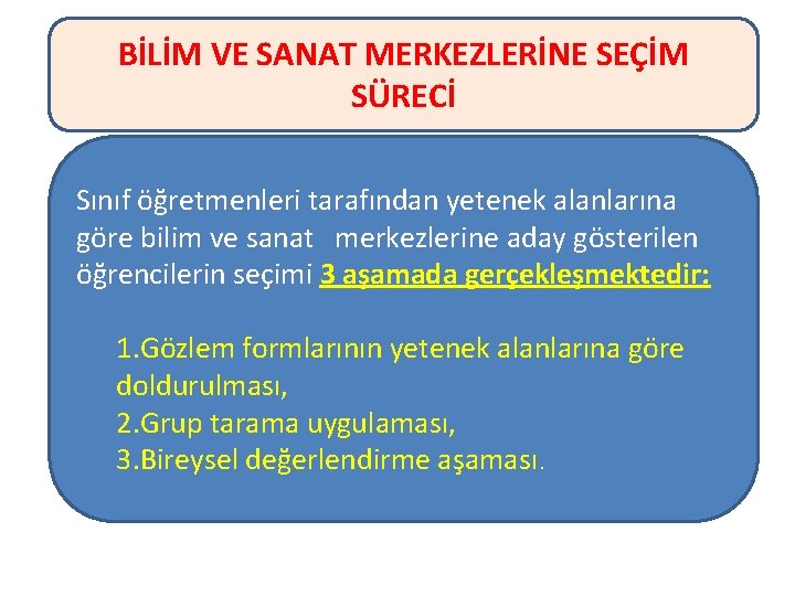 BİLİM VE SANAT MERKEZLERİNE SEÇİM SÜRECİ Sınıf öğretmenleri tarafından yetenek alanlarına göre bilim ve