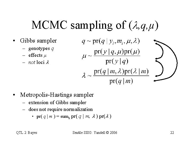 MCMC sampling of ( , q, µ) • Gibbs sampler – genotypes q –