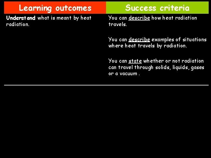 Learning outcomes Understand what is meant by heat radiation. Success criteria You can describe