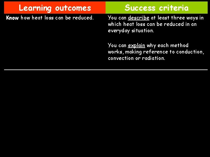 Learning outcomes Know heat loss can be reduced. Success criteria You can describe at