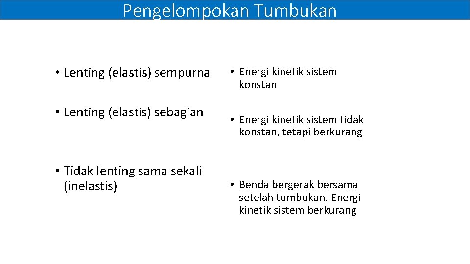 Pengelompokan Tumbukan • Lenting (elastis) sempurna • Lenting (elastis) sebagian • Tidak lenting sama