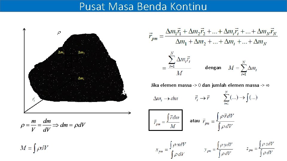 Pusat Masa Benda Kontinu dengan Jika elemen massa -> 0 dan jumlah elemen massa