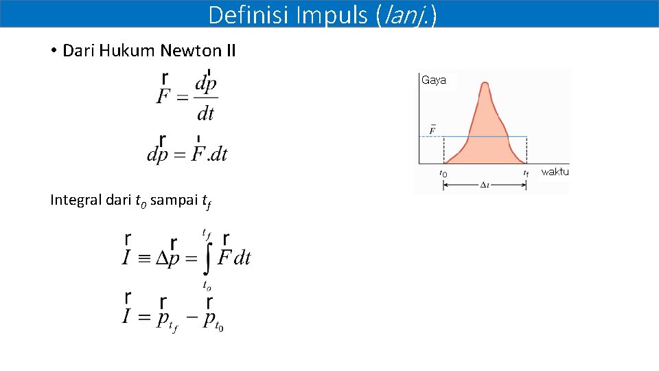 Definisi Impuls (lanj. ) • Dari Hukum Newton II Integral dari t 0 sampai