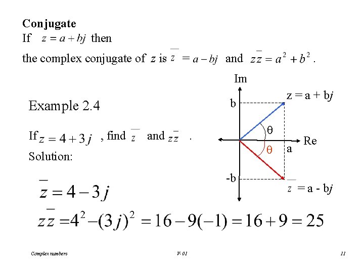 Conjugate If then the complex conjugate of z is = and . Im b