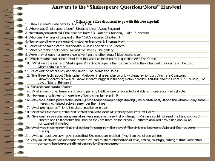 Answers to the “Shakespeare Questions/Notes” Handout (Offered as a free download to go with