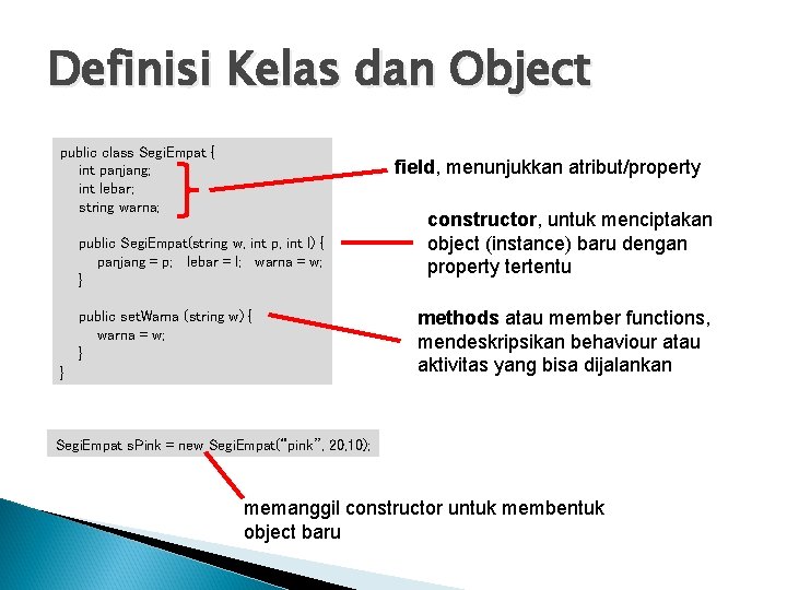 Definisi Kelas dan Object public class Segi. Empat { int panjang; int lebar; string