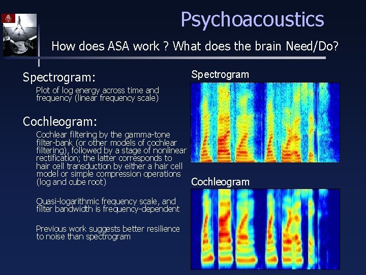 Psychoacoustics How does ASA work ? What does the brain Need/Do? Spectrogram: Spectrogram Plot