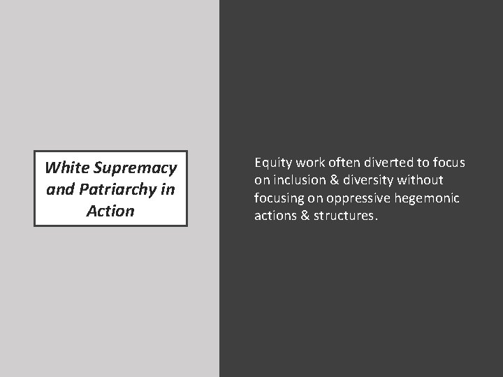 White Supremacy and Patriarchy in Action Equity work often diverted to focus on inclusion