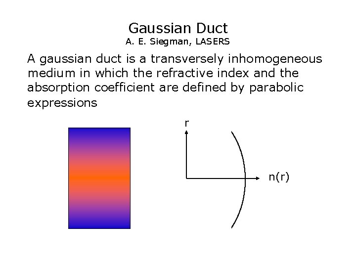 Gaussian Duct A. E. Siegman, LASERS A gaussian duct is a transversely inhomogeneous medium