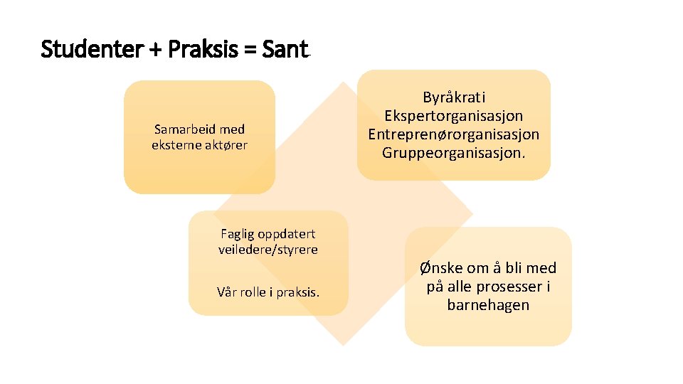 Studenter + Praksis = Sant Samarbeid med eksterne aktører Faglig oppdatert veiledere/styrere Vår rolle