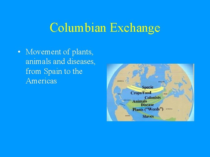 Columbian Exchange • Movement of plants, animals and diseases, from Spain to the Americas Columbian Exchange • Movement of plants, animals and diseases, from Spain to the Americas