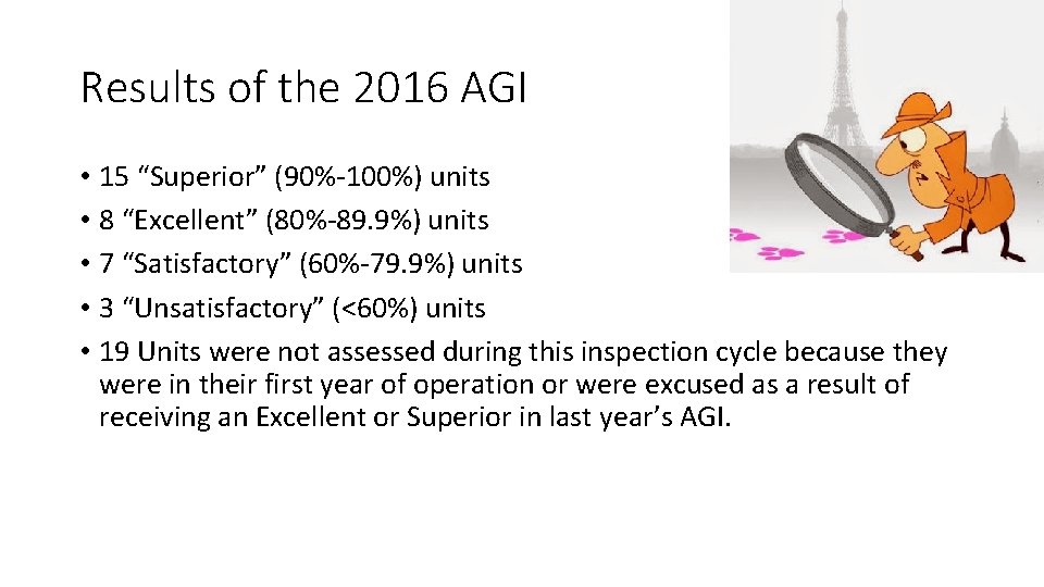 Results of the 2016 AGI • 15 “Superior” (90%-100%) units • 8 “Excellent” (80%-89.